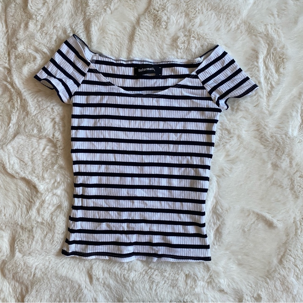 Reformation striped off shoulder knit top